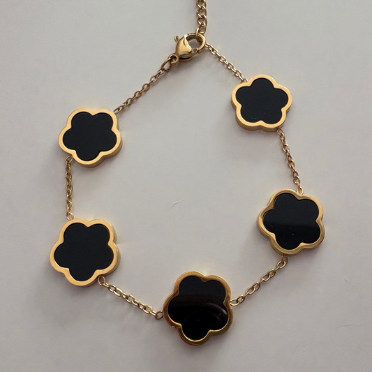 Bracelet fleurs Noir doré Élégant - Acier inoxydable